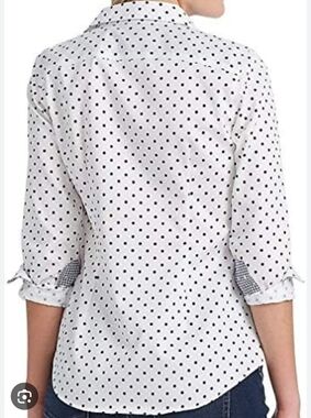 Chaps Navy Blue And White Polka Dot No Iron Button Down Fitted Shirt - Size XL